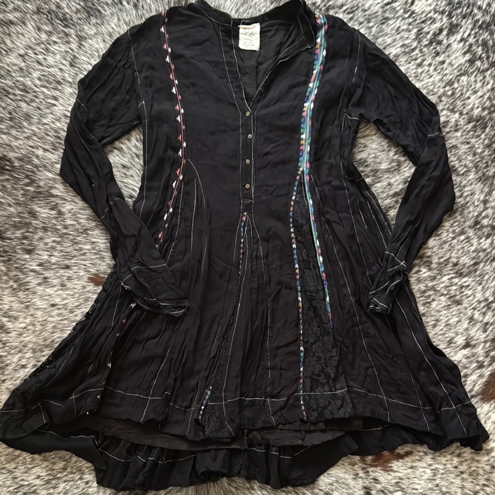Free People Black Long Sleeve Dress with Colorful Accents